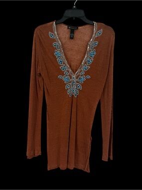 Rust tunic cover up with Turquoise Bead Embellishment